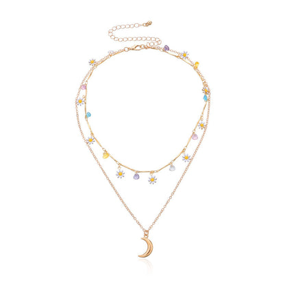 Layered Moon and Daisy Pendant Necklace Acalora