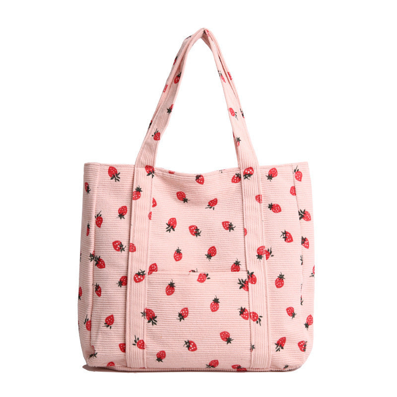 Playful Strawberry Print Corduroy Tote Bag Acalora