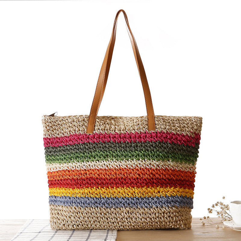 Handwoven raffia tote bag with colorful stripes Bowlift