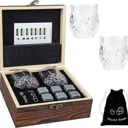 Cut crystal whiskey glasses gift set with reusable chilling stones and wooden presentation box Bowlift