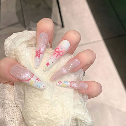 Artistic Press-On Nail Art Set with Charming Star and Bow Designs Acalora
