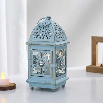 Antique-Style Decorative Metal Glass Candle Lantern with Filigree Cutouts and Hanging Ring Acalora
