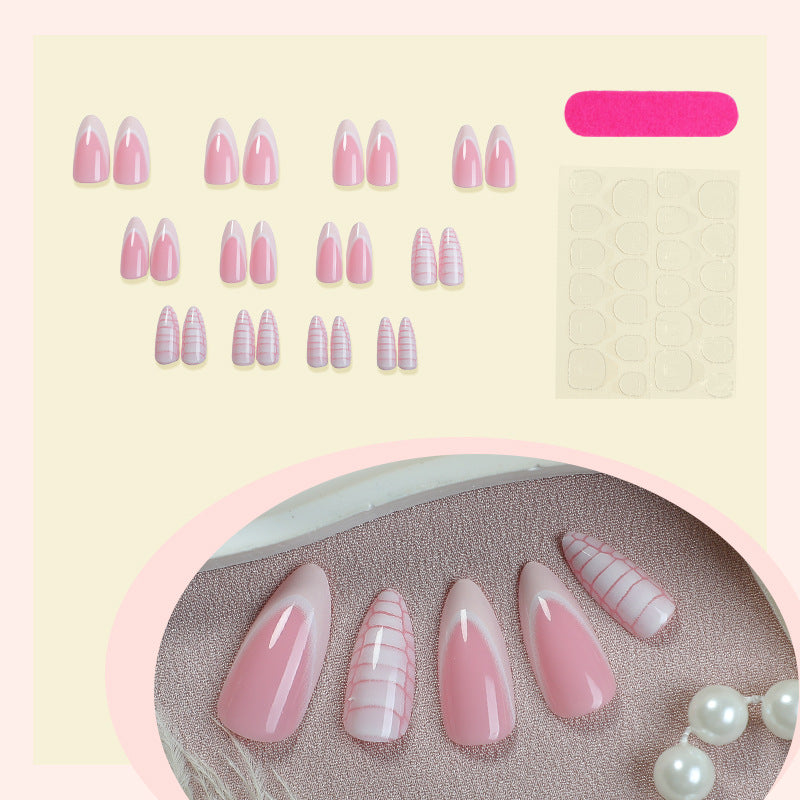 Elegant Almond-Shaped Press-On Nail Set with Striped and Solid Design Acalora