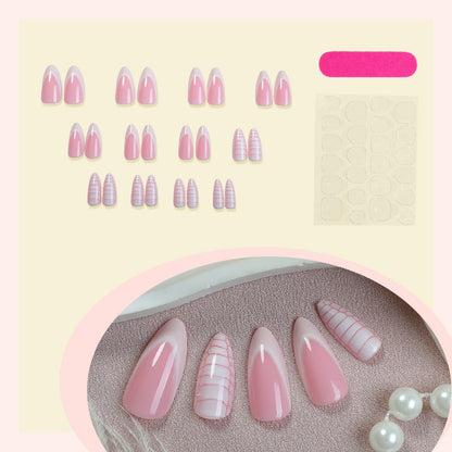 Elegant Almond-Shaped Press-On Nail Set with Striped and Solid Design Acalora