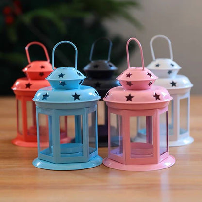 Mini Hexagonal Glass-Panelled Party Tealight Lantern with Star Venting and Carry Handle Acalora