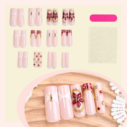 Premium Floral Design Press-On Nail Set with Decorative Elements Acalora