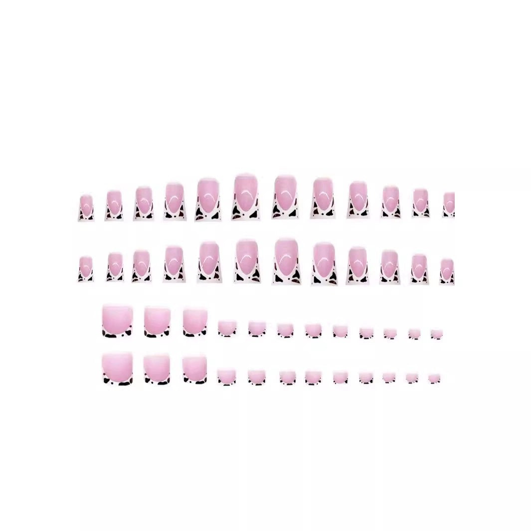 French Tip Press-On Nail Art with Cow Print Accents Acalora