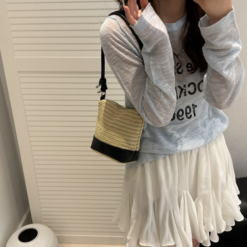 Woven Straw and Leather Crossbody Bag Acalora