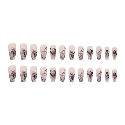 Artificial nail set with elegant flower design and delicate butterfly motifs Acalora