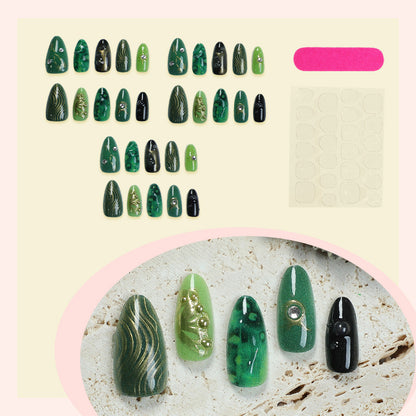 Artistic Press-On Nail Art Set with Emerald and Gold Designs Acalora