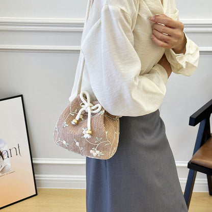Embroidered Drawstring Bucket Bag Acalora