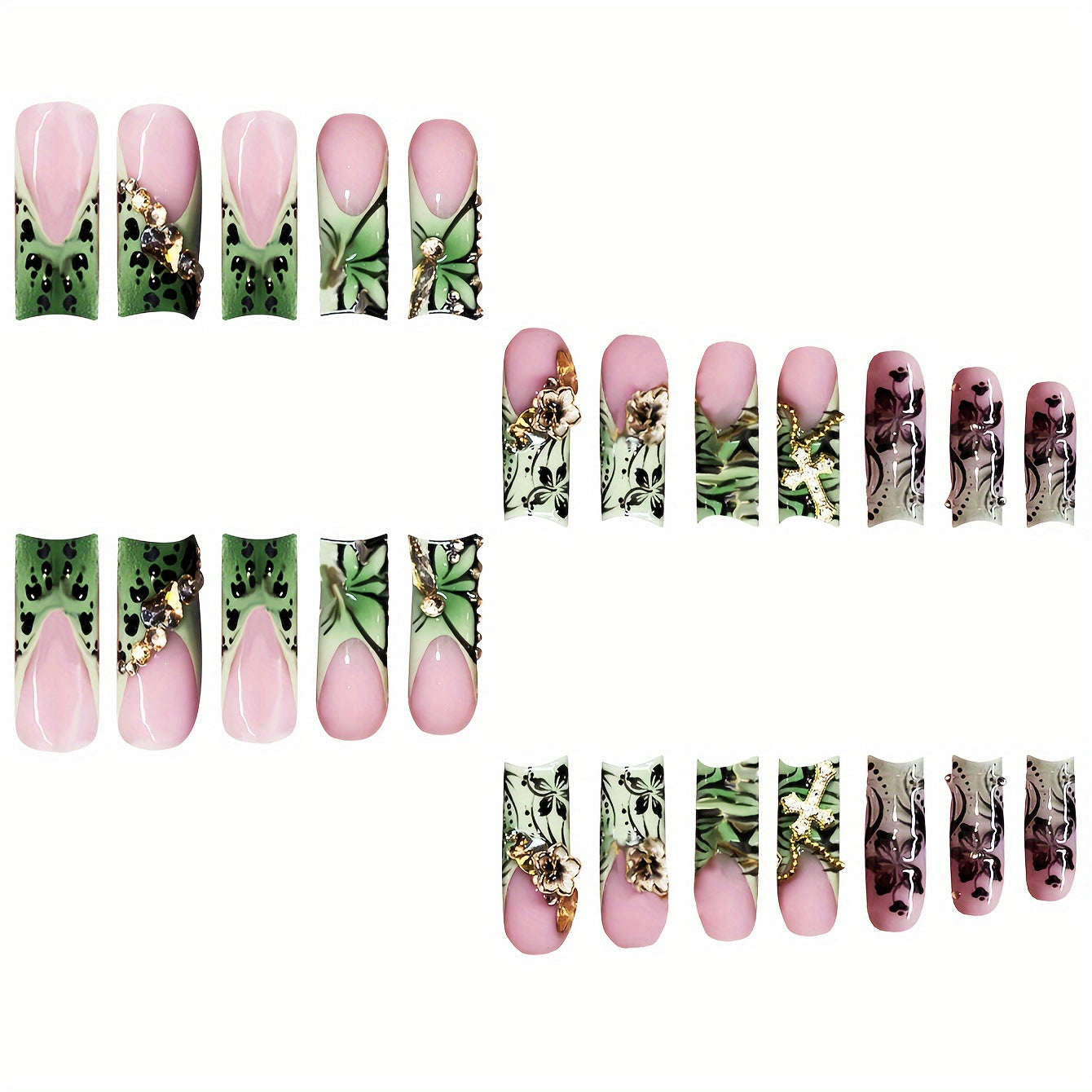 Decorative Floral Press-On Nails with Gem Accents Acalora