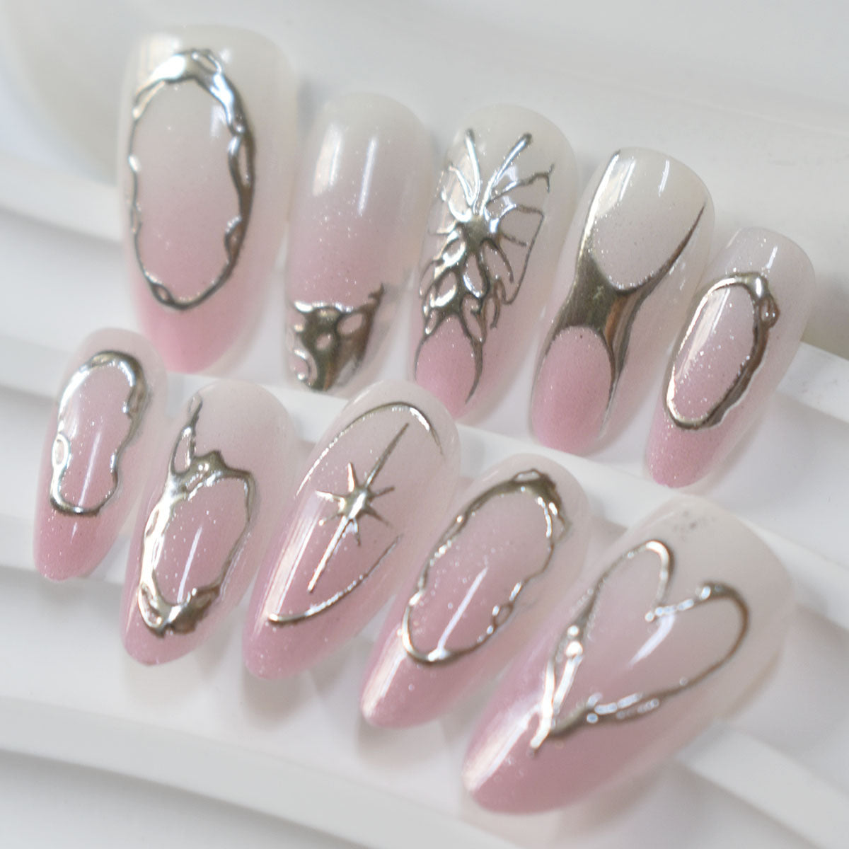 Elegant Artistic Stiletto Press-On Nails with Silver Accents Acalora