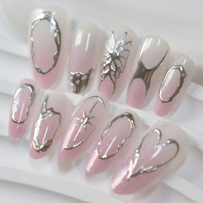 Elegant Artistic Stiletto Press-On Nails with Silver Accents Acalora