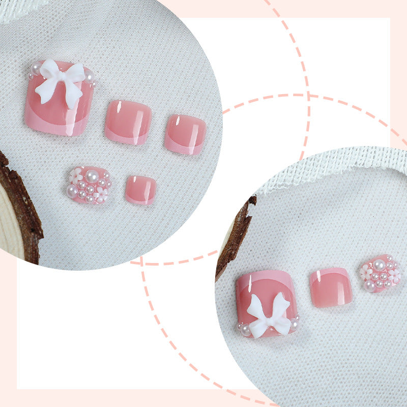 Artistic Press-On Nail Set with Decorative Bow and Gem Accents Acalora
