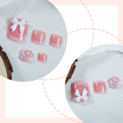 Artistic Press-On Nail Set with Decorative Bow and Gem Accents Acalora