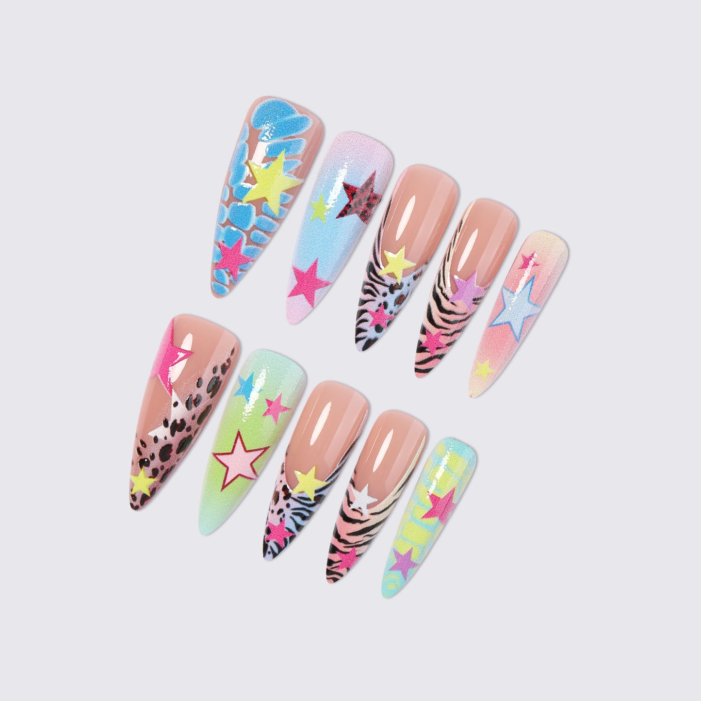 Artistic Press-On Nail Set with Colorful Star Patterns Acalora