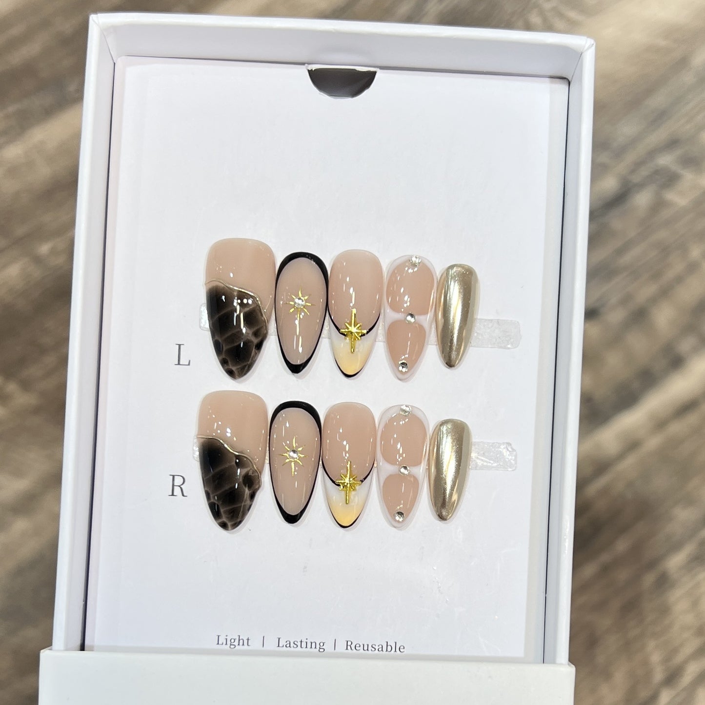 Reusable Stiletto Nail Art Set with Star and Gold Accents Acalora