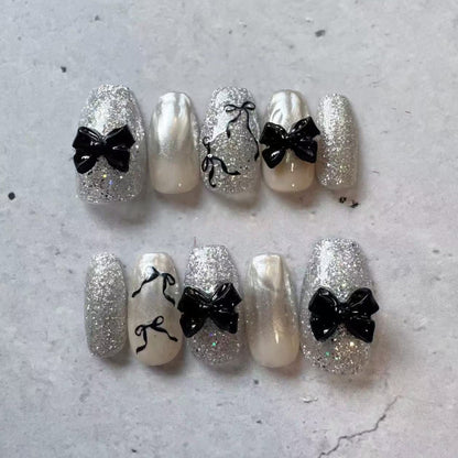 Glittery Bow-Accent Press-On Nail Set Acalora