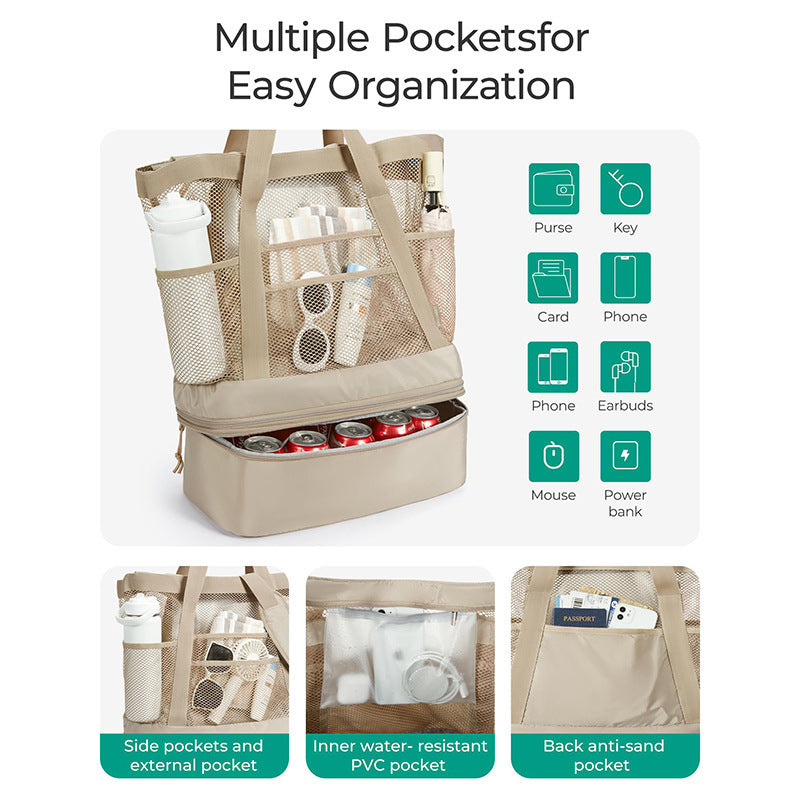 Insulated Mesh Beach Tote Bag with Multi-Compartment Storage Acalora