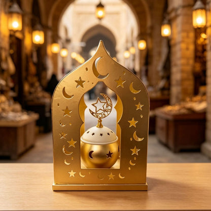 Ornate Metal Crescent-Star Tabletop Lantern with Rotating Incense Burner Acalora