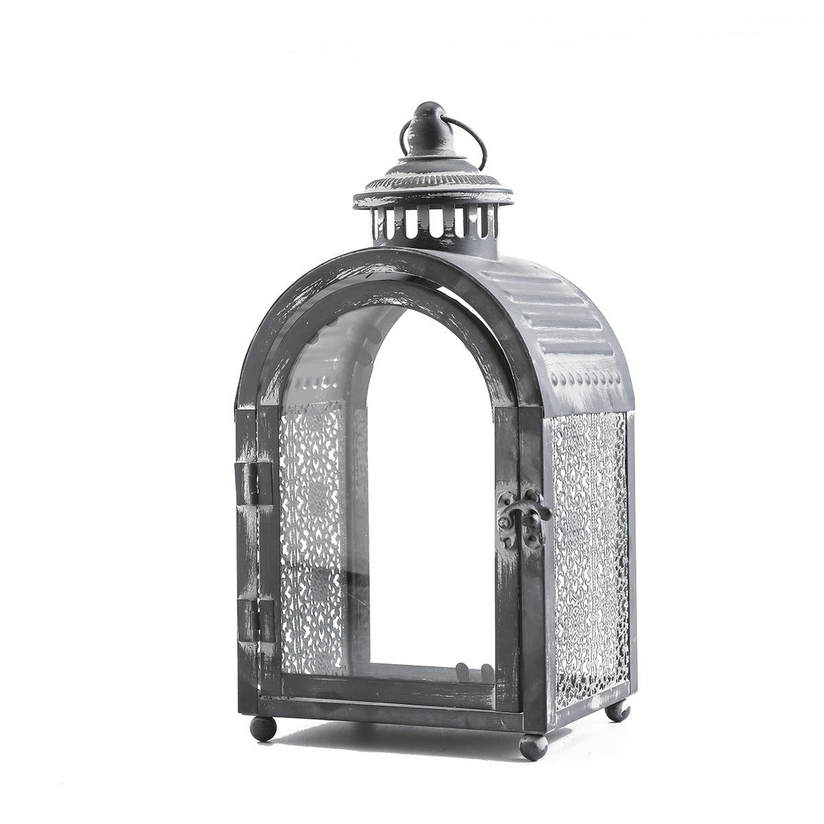 Antique-Style Arched Metal and Textured Glass Candle Lantern for Pillar Candles Acalora