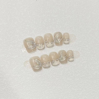 Floral Art Press-On Nail Set with Pearls Acalora