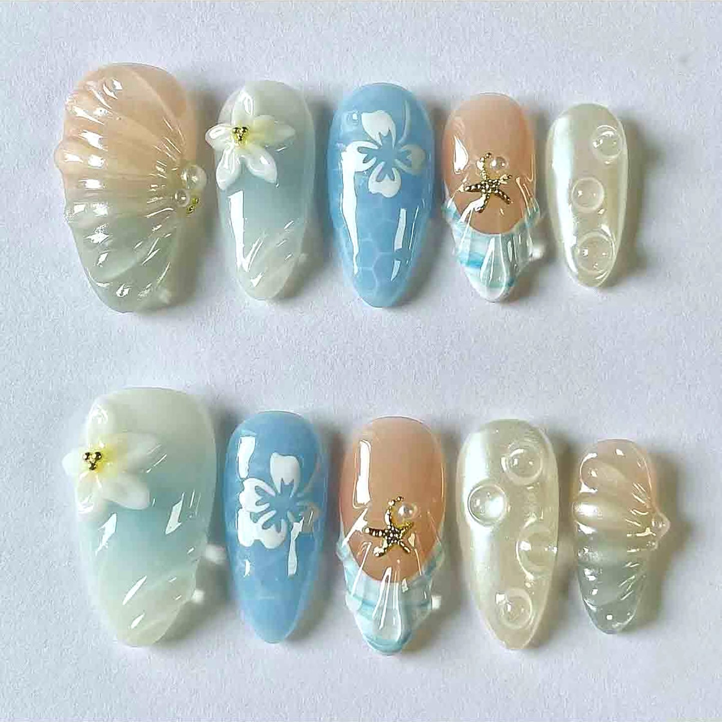 Artistic Ocean-Inspired Press-On Nail Art Set Acalora