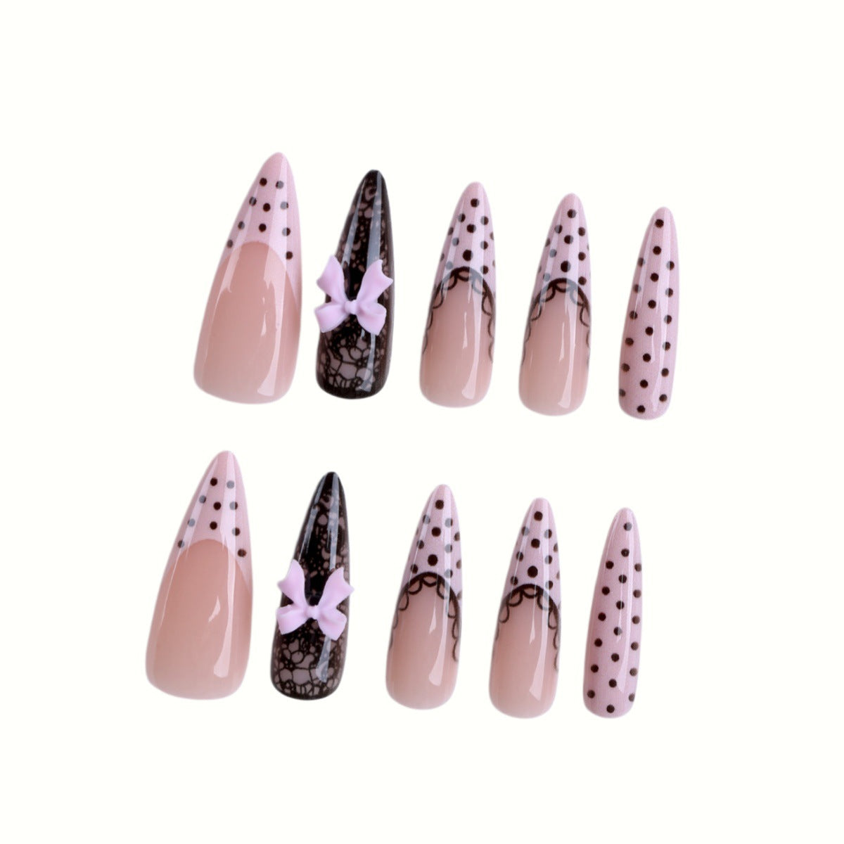 Elegant Stiletto Press-On Nail Set with Lace and Bow Design Acalora