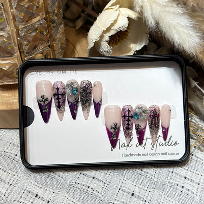 Artistic Stiletto Press-On Nail Set with Unique Floral and Gemstone Accents Acalora