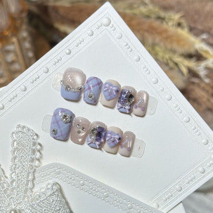 Decorative Luxury Press-On Nail Set with Elegant Bow and Gemstone Accents Acalora