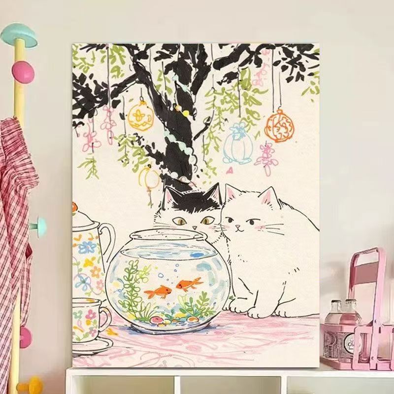Whimsical Cat Illustration Canvas Art Print