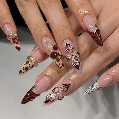 Elegant Stiletto Press-On Nail Art Set with Floral and Animal Prints Acalora