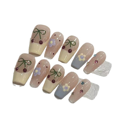 Charming Decorative Press-On Nail Set with Cherry and Floral Designs Acalora