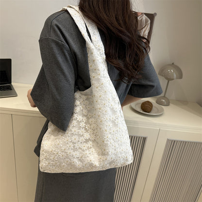 Elegant Floral Embroidered Grocery Tote Bag Acalora