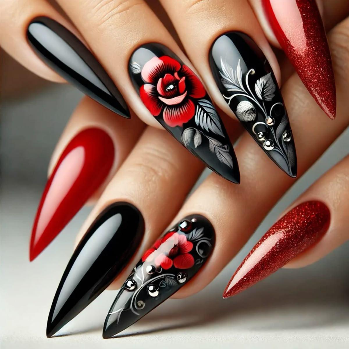 Artificial nails with floral accents and glamorous glitter Acalora
