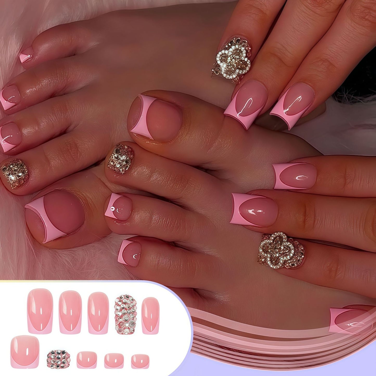 Elegant Press-On Nail Set with Rhinestone Accents Acalora