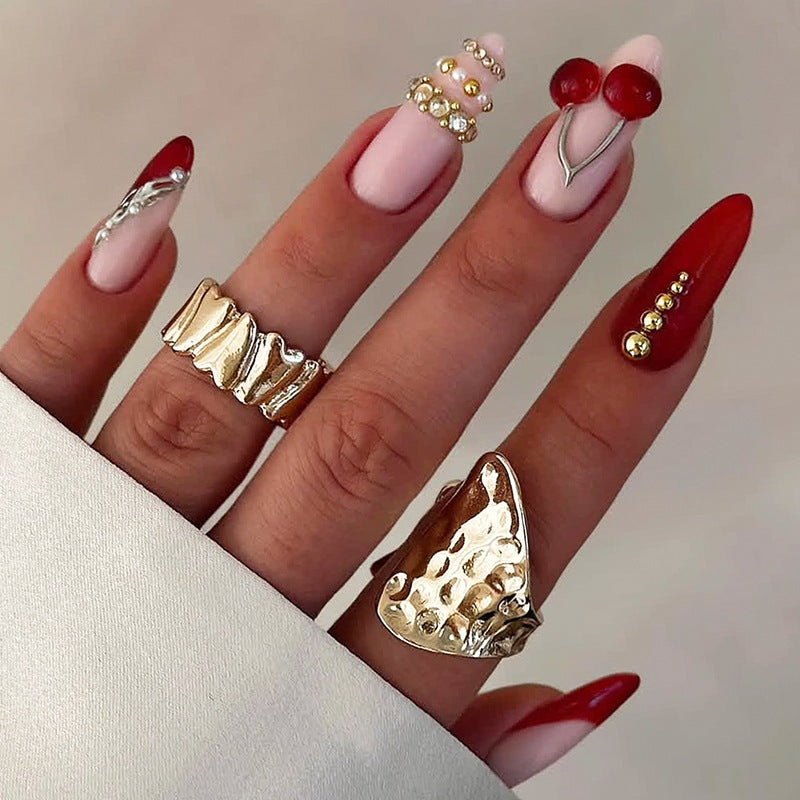 Decorative Art Press-On Nail Set with Cherry and Gold Accents Acalora