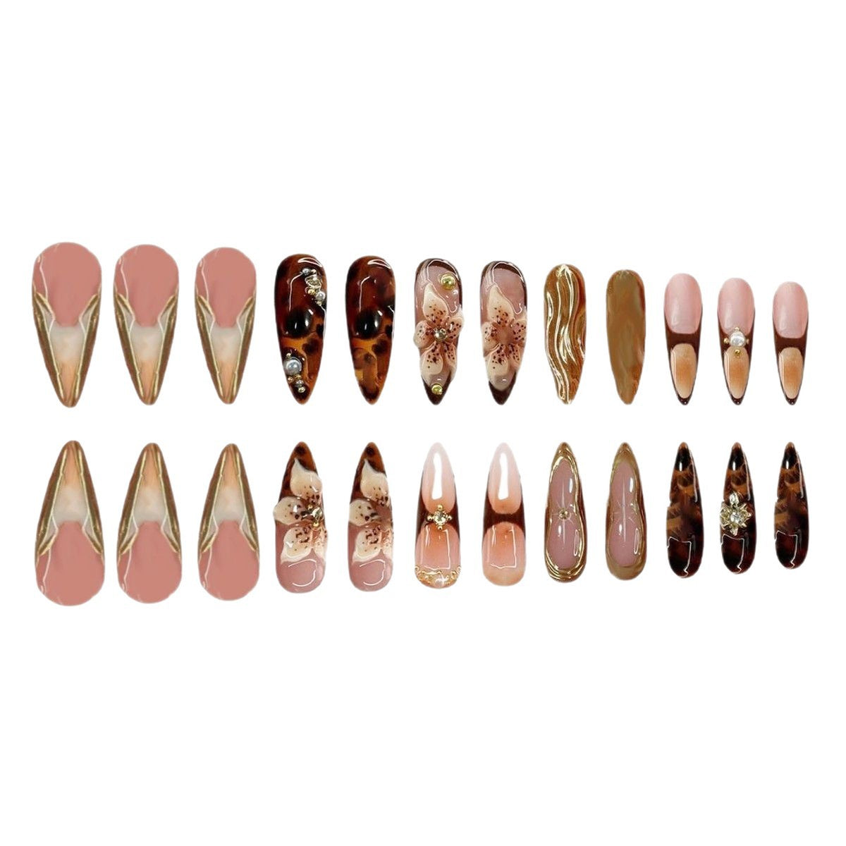 Decorative Stiletto Press-On Nails with Floral and Metallic Accents Acalora