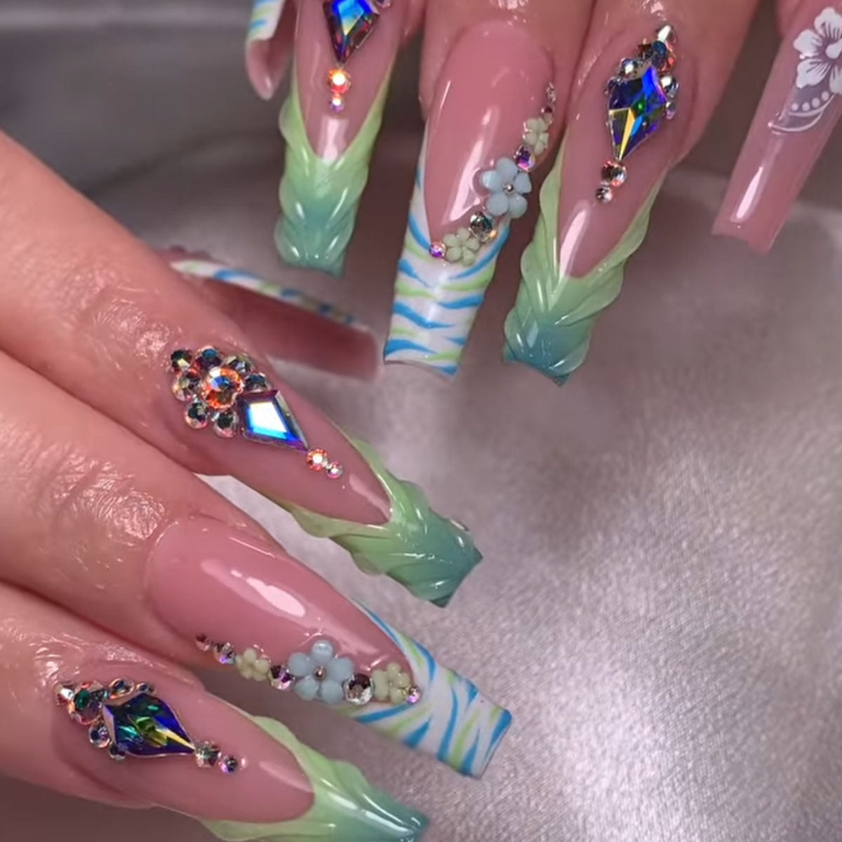 Decorative Long Press-On Nail Art with Gemstone Accents Acalora