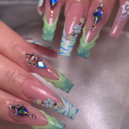 Decorative Long Press-On Nail Art with Gemstone Accents Acalora