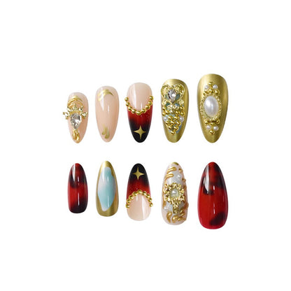 Artistic Decorative Press-On Nail Set with Gemstone and Pearl Accents Acalora