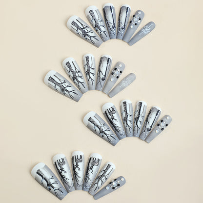 Fashionable Press-On Nail Art Set with Elegant Winter Tree Design Acalora