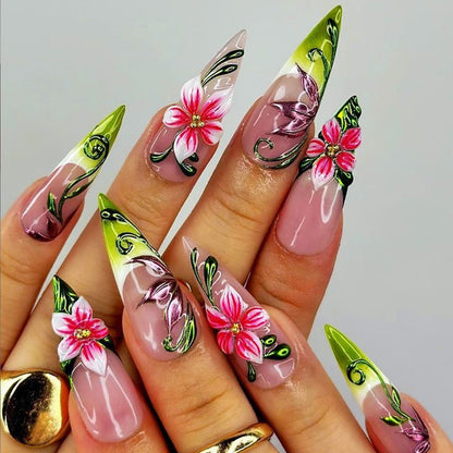 Artificial nails with intricate floral pattern and elegant gradient Acalora