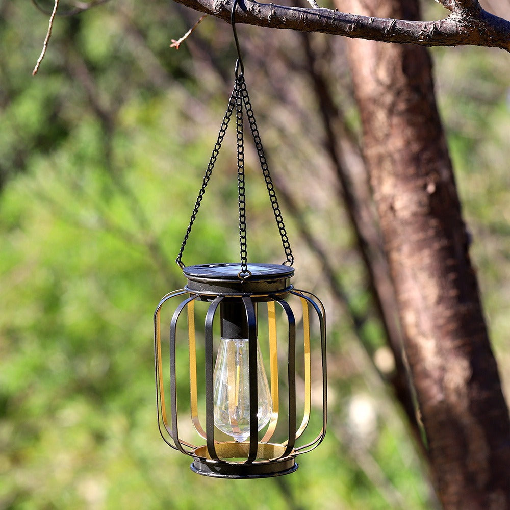 Solar Hanging Outdoor Lanterns with Vintage LED Bulb and Metal Housing, Waterproof Suspension Brehn