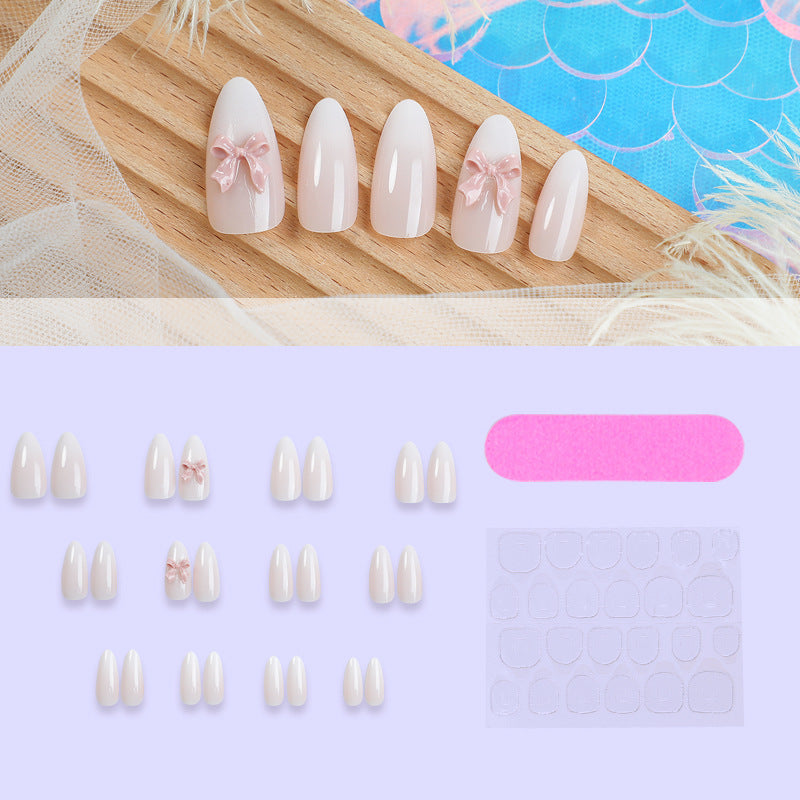 Elegant Press-On Nail Art Set with Glossy Finish and Cute Bow Details Acalora