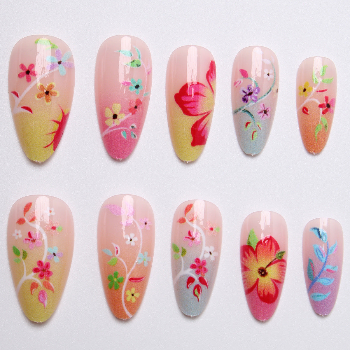 Artifical nail set with floral design and colorful variety Acalora