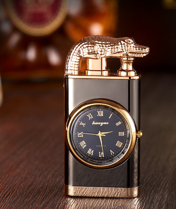 Brehn Lighter with quartz watch, metal punch, windproof lighter with blue flame and alligator head
