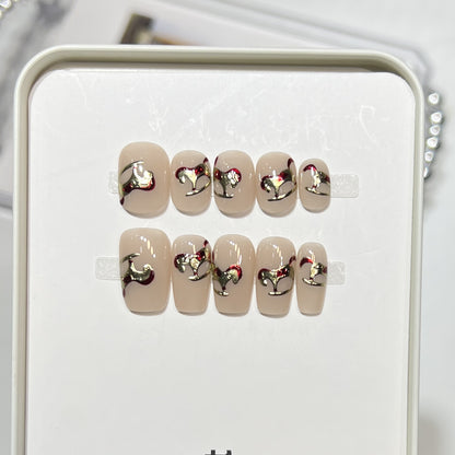Premium Press-On Nail Art Set with Elegant Heart & Leaf Design Acalora