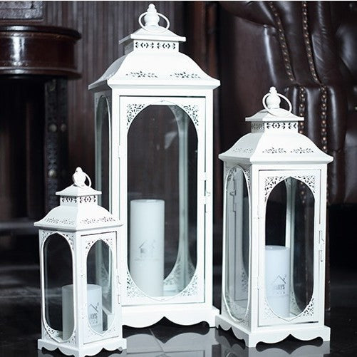 Nesting Coastal Ornate Metal and Glass Candle Lanterns for Tabletop Decor Acalora